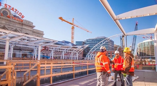 Construction workers outside Denver's Union Station