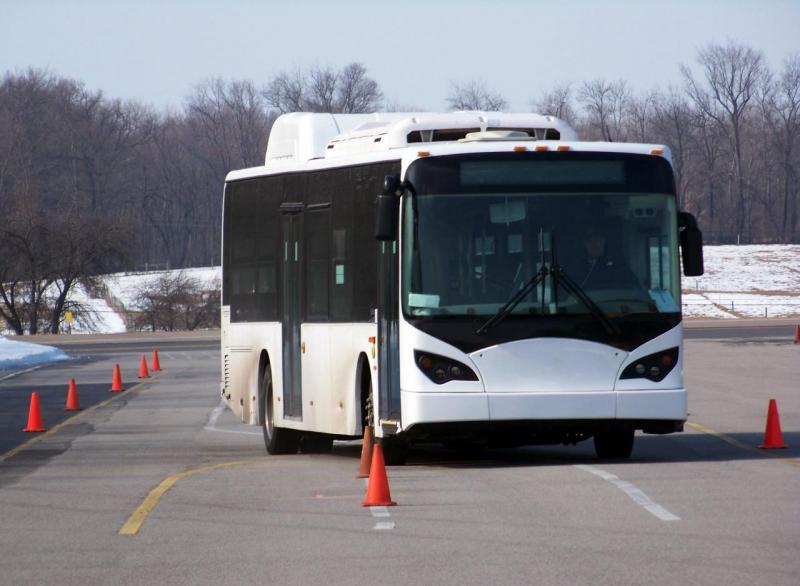 A test battery-electric bus performing a safety test at the Bus Testing Center