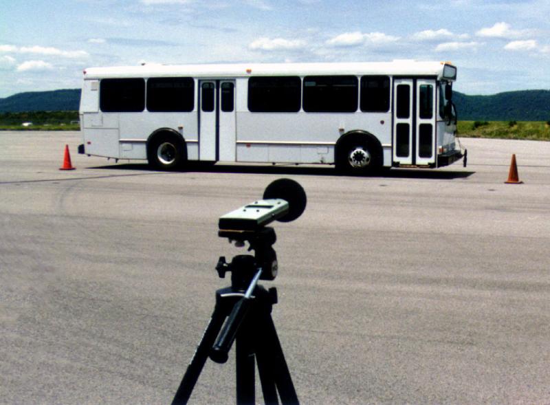 A test bus undergoing the noise test at the Bus Testing Center.
