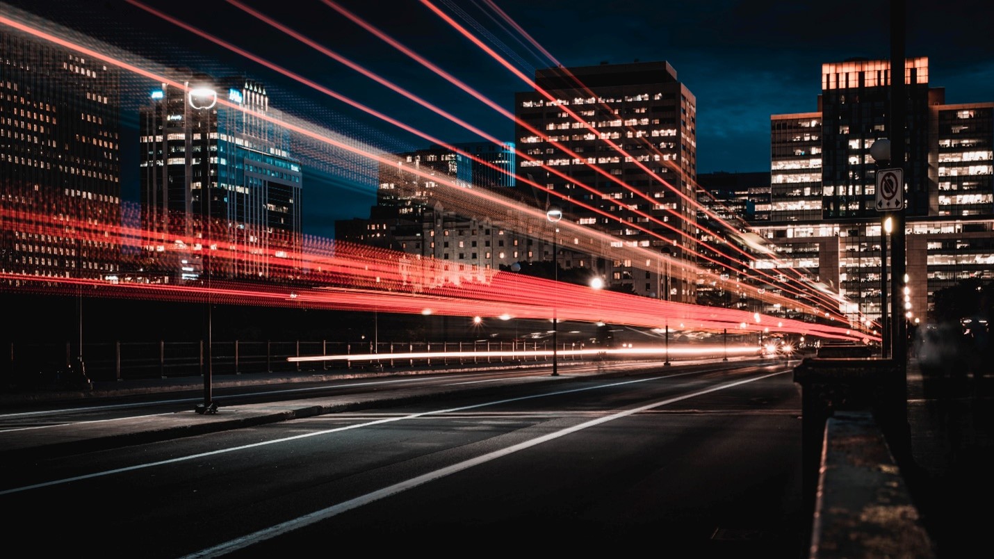Motion-blurred view of the city lights