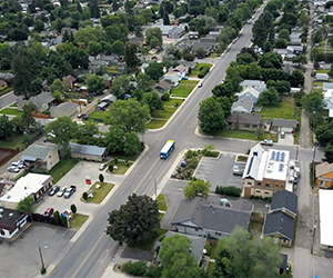 An aerial view of a neighborhood.