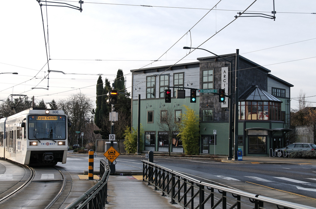A metro rail in downtown Portland.