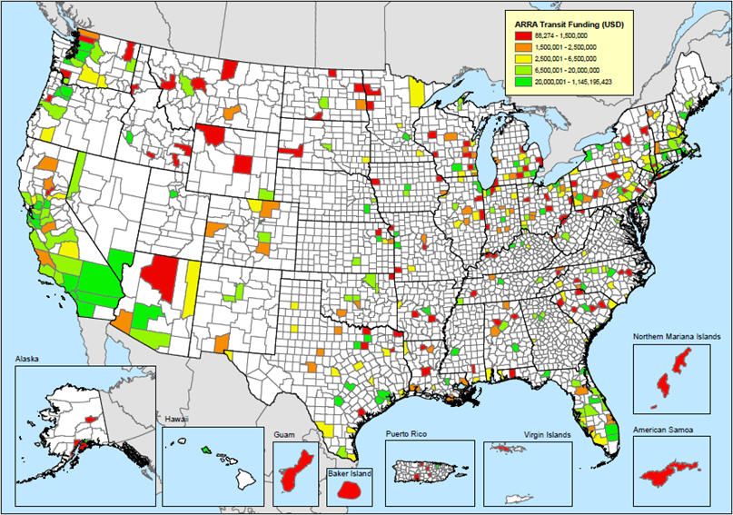 The map displays the amount of FTA ARRA funds awarded by county.