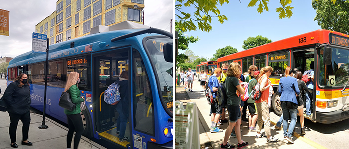 People boarding local metro buses