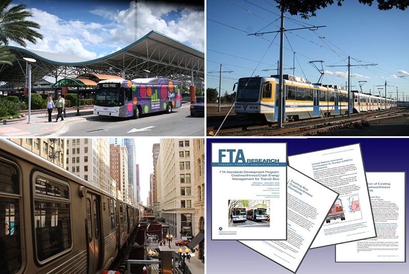 Collage of four images consisting of a bus, light rail train, heavy railcar and Standards Development report cover and pages.