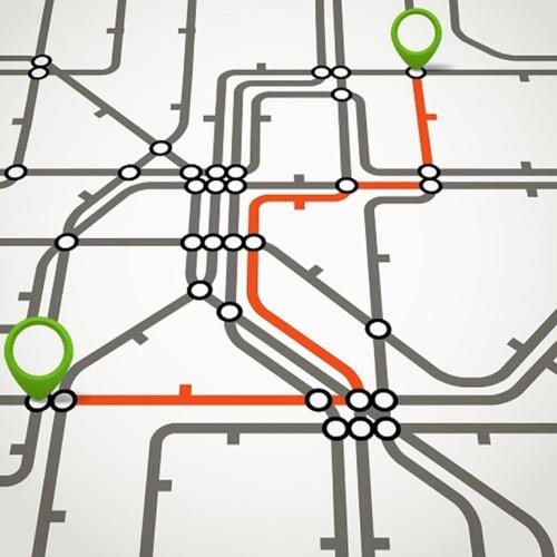 Illustration of a map of transportation routes with one highlighted between two points