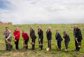 Courtesy RTD FTA and Colorado officials wield shovels at the groundbreaking of the Southeast Rail Extension outside Denver